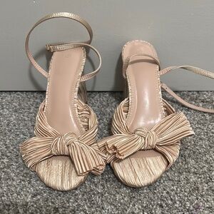 Tan Satin Sandals with Ankle Straps and Bow Detail